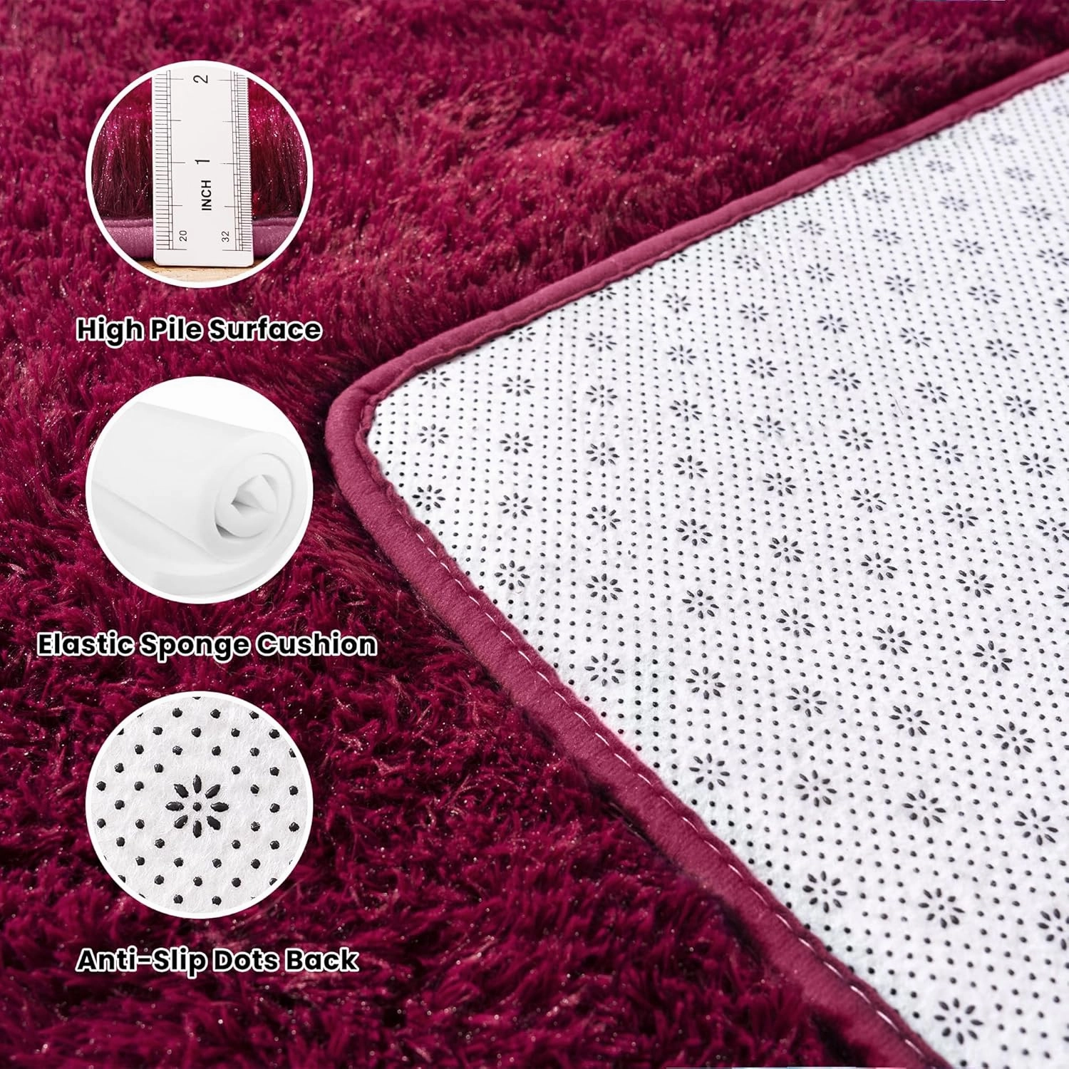 4x6 Rug - Non-Slip Rugs for Living Room - Height Pile 1.4" Plush Rug - Fluffy Throw Carpet for Bedroom - Burgundy