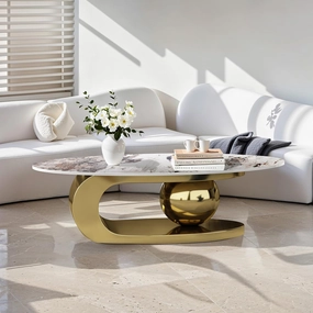 51 Inches Oval Faux Marble Coffee Table for Living Room with Stainless Steel Base