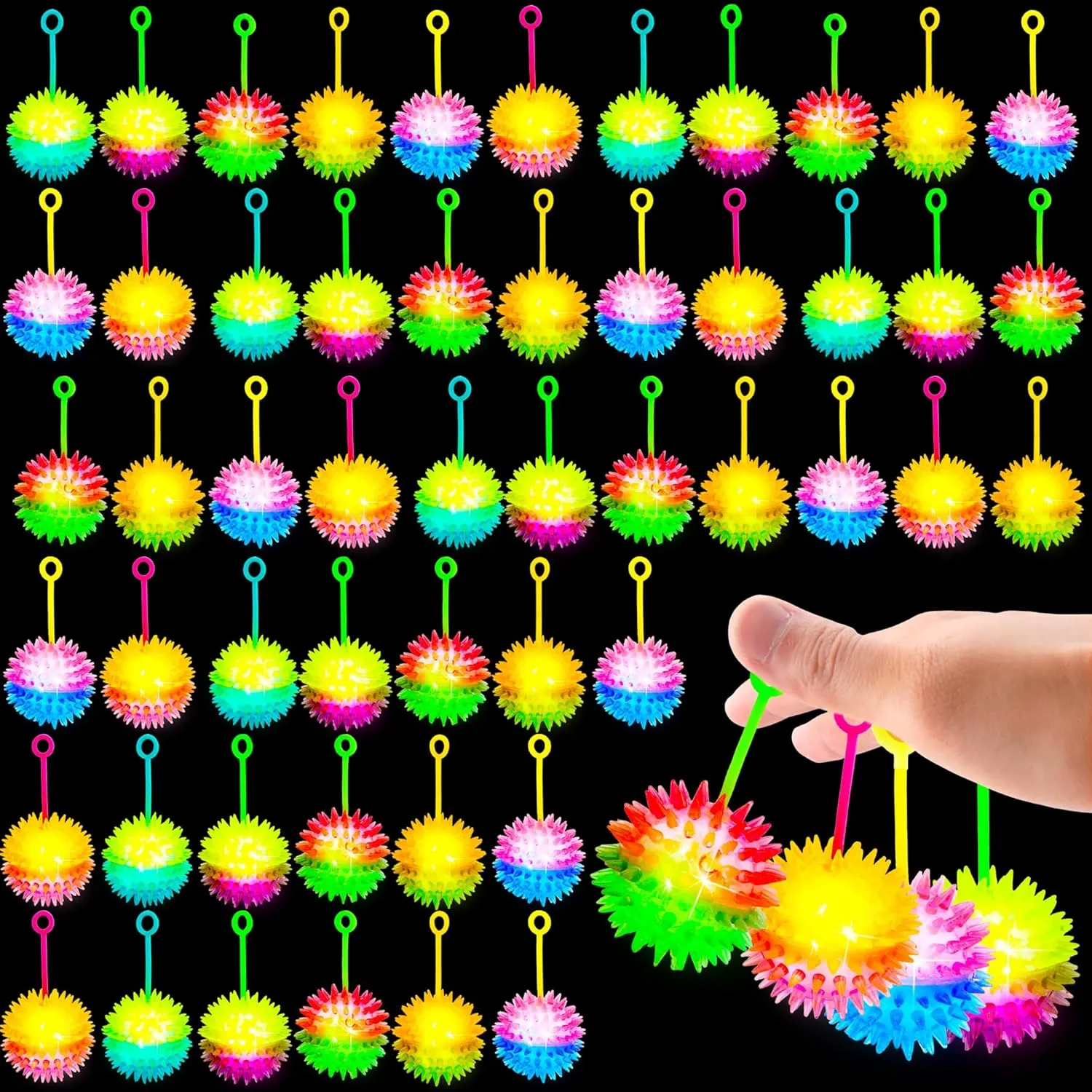 52 Pcs Light Up Bouncy Balls LED Flashing Spiky Balls for Teenagers Children Adults Birthday Gifts Carnival Prizes Glow in The Dark Party Favors