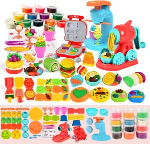 59 PCS 3 in 1 Dough Sets for Kids Ages 3-4-8, Art Crafts Dough Tools Kit, Ice Cream Playset Noodle Hamburger Maker Machine, Kitchen Creations Food Play Toys Toddlers Boys Girls