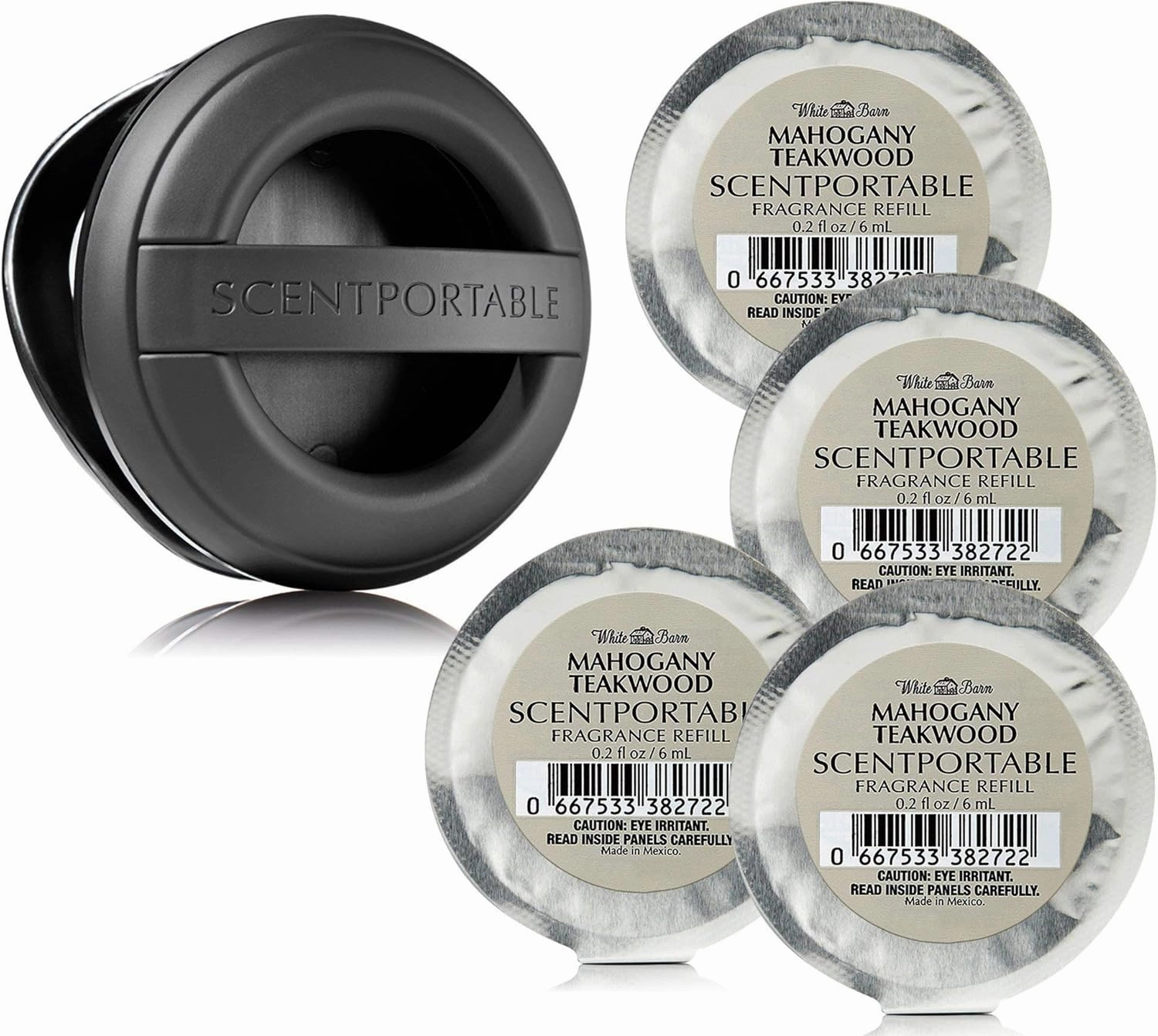 5 Pc Set - Bath & Body Works Scentportable Black Rubber Clip & 4 Mahogany Teakwood Refills