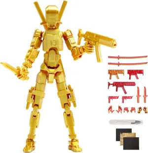 5pcs Lucky 13 Action Figures, 3D Printing Titan 13 Action Figures, Multi-Jointed Movable，with 3 Hand-Shapes, 4 Weapons (Gradient Gold)