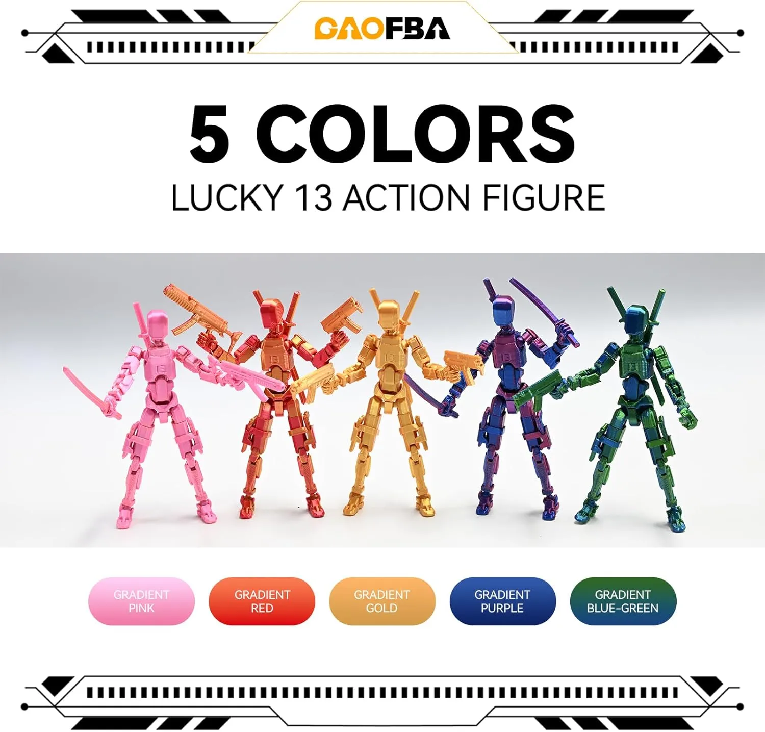 5pcs Lucky 13 Action Figures, 3D Printing Titan 13 Action Figures, Multi-Jointed Movable，with 3 Hand-Shapes, 4 Weapons (Gradient Gold)