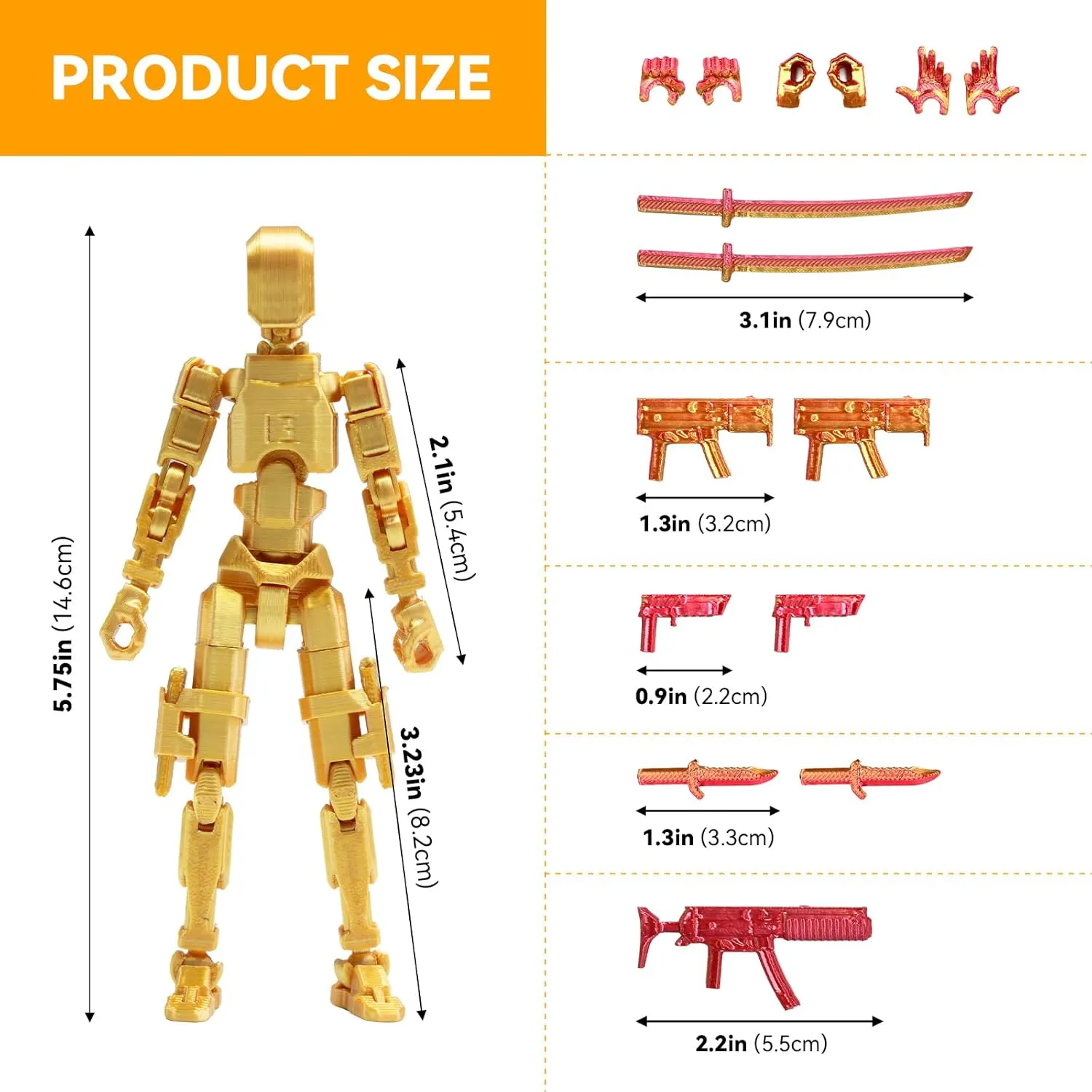 5pcs Lucky 13 Action Figures, 3D Printing Titan 13 Action Figures, Multi-Jointed Movable，with 3 Hand-Shapes, 4 Weapons (Gradient Gold)