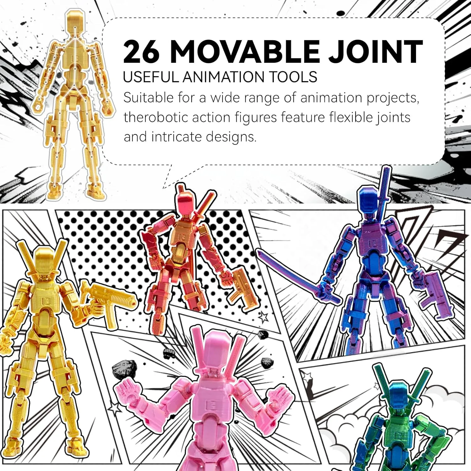 5pcs Lucky 13 Action Figures, 3D Printing Titan 13 Action Figures, Multi-Jointed Movable，with 3 Hand-Shapes, 4 Weapons (Gradient Gold)
