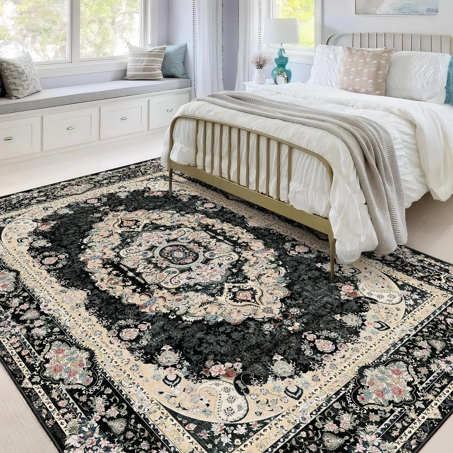 5x7 Area Rugs Washable,Black Rug for Living Room Bedroom Kitchen,Large Boho Vintage Bohemian Distressed Carpet Non Slip,Floral
