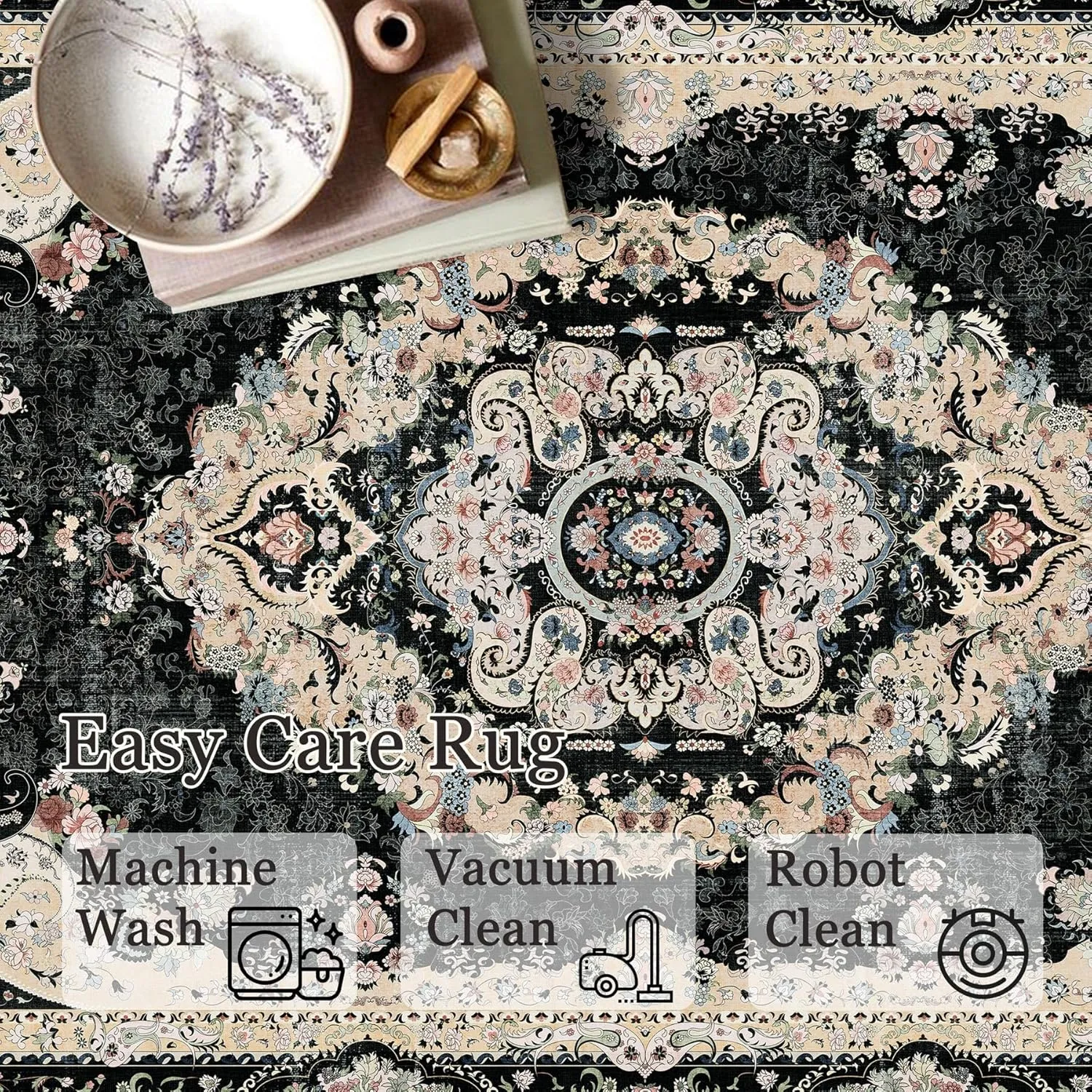 5x7 Area Rugs Washable,Black Rug for Living Room Bedroom Kitchen,Large Boho Vintage Bohemian Distressed Carpet Non Slip,Floral