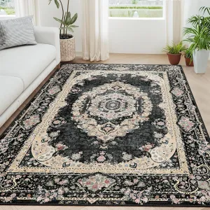 5x7 Area Rugs Washable,Black Rug for Living Room Bedroom Kitchen,Large Boho Vintage Bohemian Distressed Carpet Non Slip,Floral