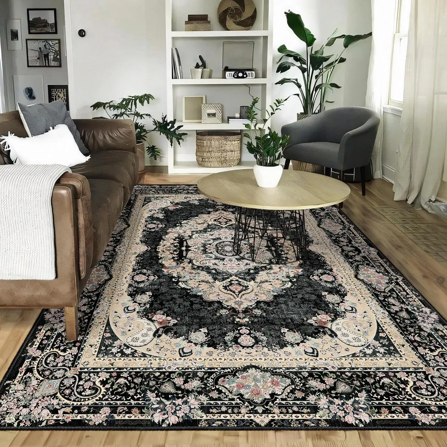 5x7 Area Rugs Washable,Black Rug for Living Room Bedroom Kitchen,Large Boho Vintage Bohemian Distressed Carpet Non Slip,Floral