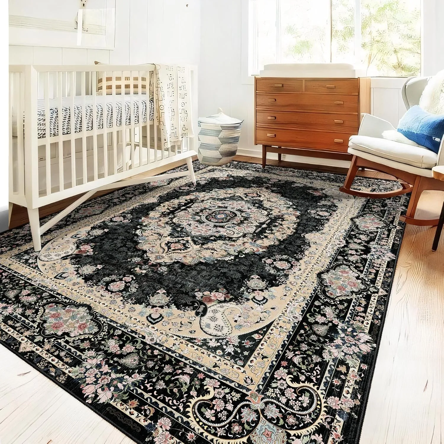 5x7 Area Rugs Washable,Black Rug for Living Room Bedroom Kitchen,Large Boho Vintage Bohemian Distressed Carpet Non Slip,Floral