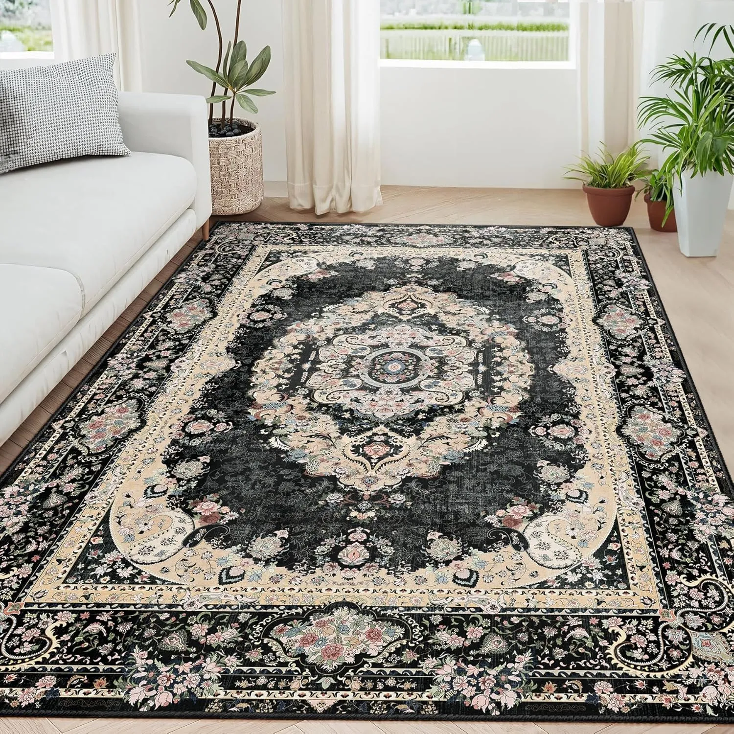 5x7 Area Rugs Washable,Black Rug for Living Room Bedroom Kitchen,Large Boho Vintage Bohemian Distressed Carpet Non Slip,Floral