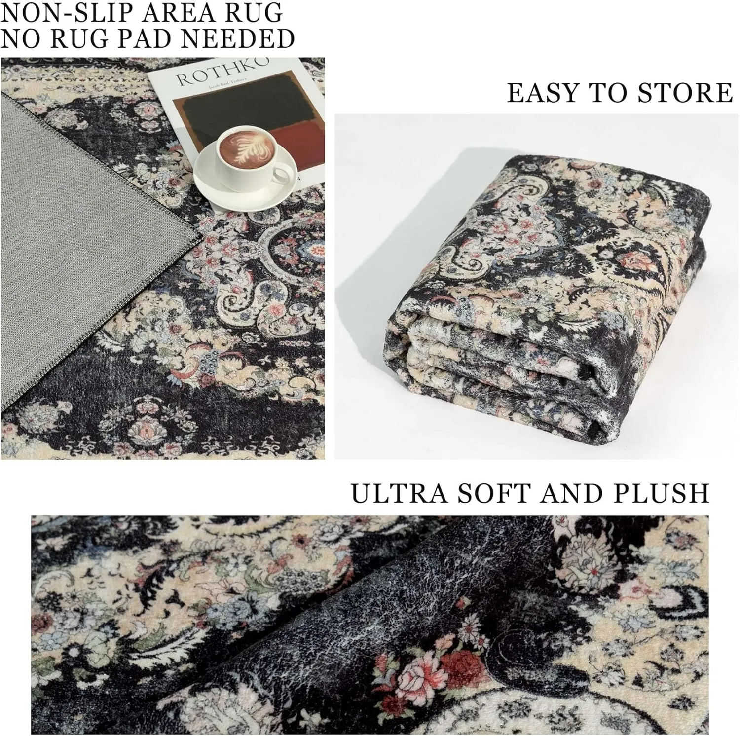 5x7 Area Rugs Washable,Black Rug for Living Room Bedroom Kitchen,Large Boho Vintage Bohemian Distressed Carpet Non Slip,Floral