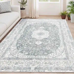 5x7 Area Rugs Washable,Grey Rug for Living Room Bedroom Kitchen,Large Boho Vintage Bohemian Distressed Carpet Non Slip,Floral