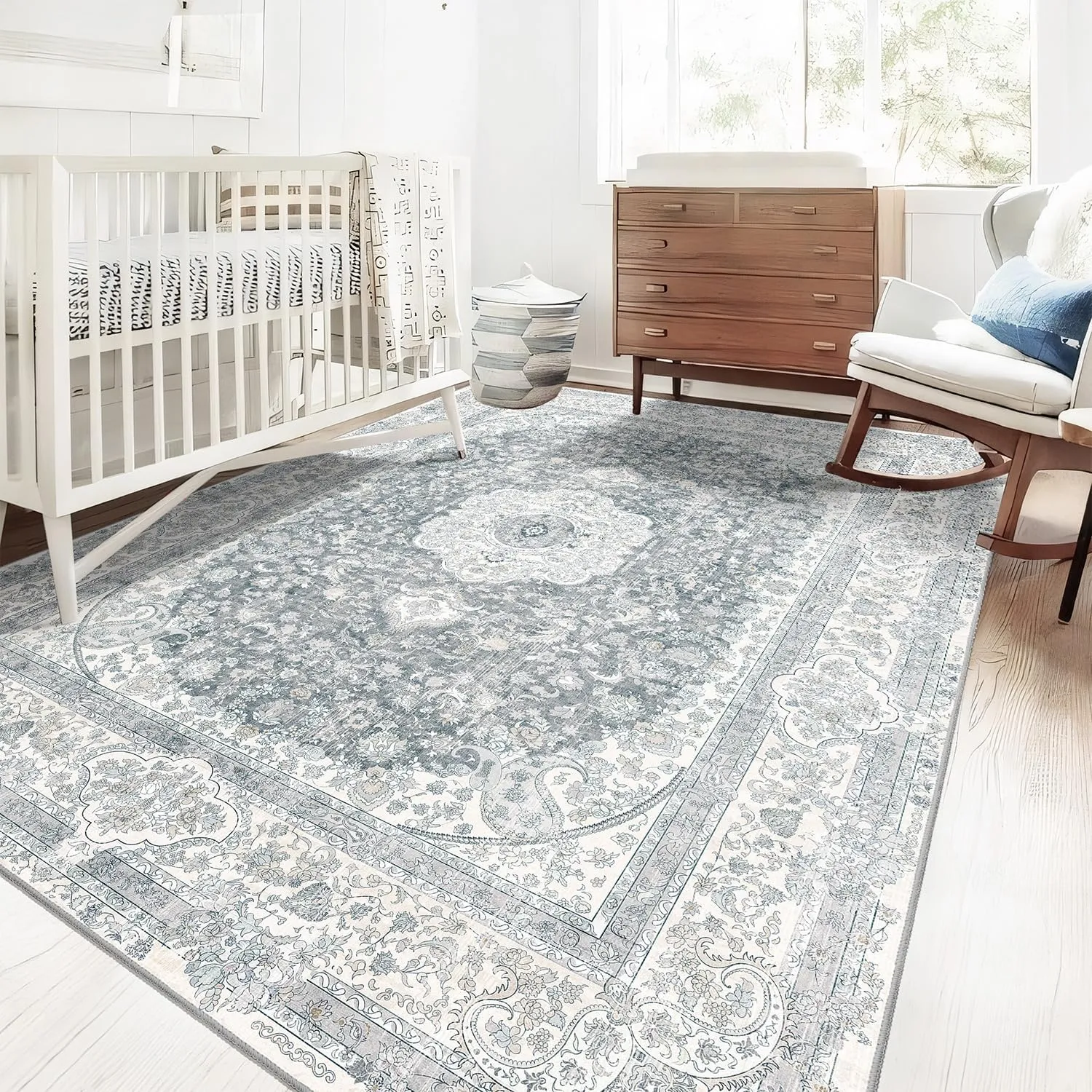 5x7 Area Rugs Washable,Grey Rug for Living Room Bedroom Kitchen,Large Boho Vintage Bohemian Distressed Carpet Non Slip,Floral