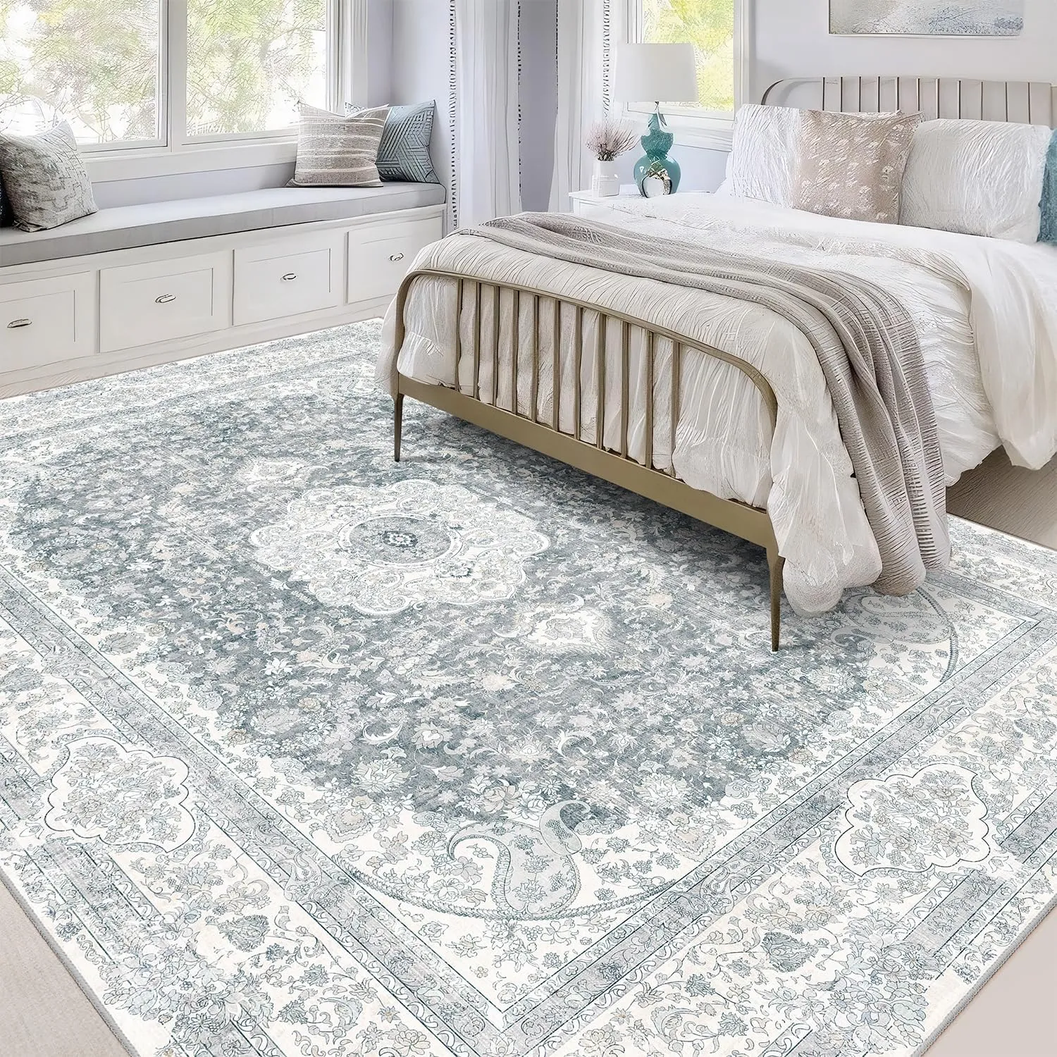5x7 Area Rugs Washable,Grey Rug for Living Room Bedroom Kitchen,Large Boho Vintage Bohemian Distressed Carpet Non Slip,Floral