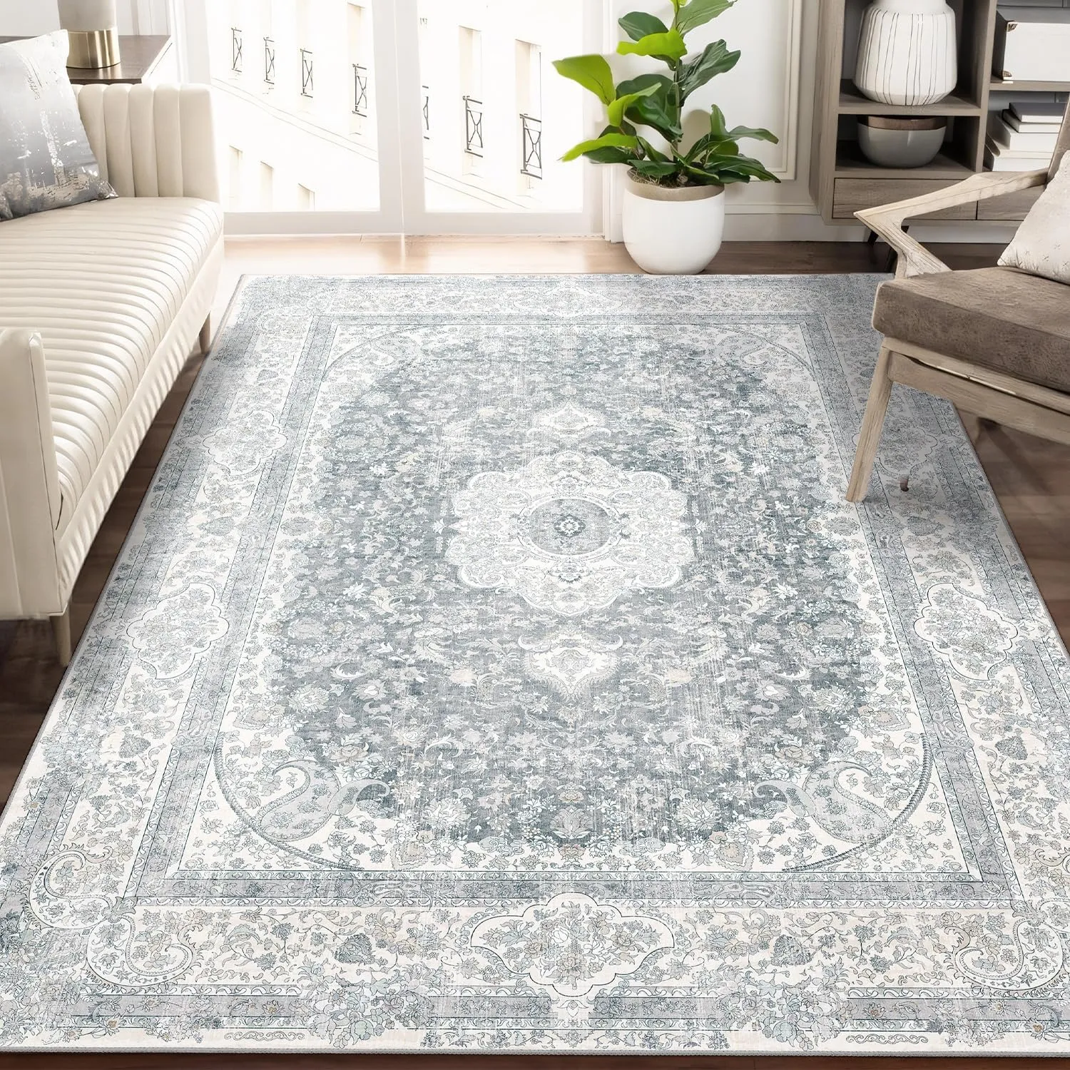 5x7 Area Rugs Washable,Grey Rug for Living Room Bedroom Kitchen,Large Boho Vintage Bohemian Distressed Carpet Non Slip,Floral