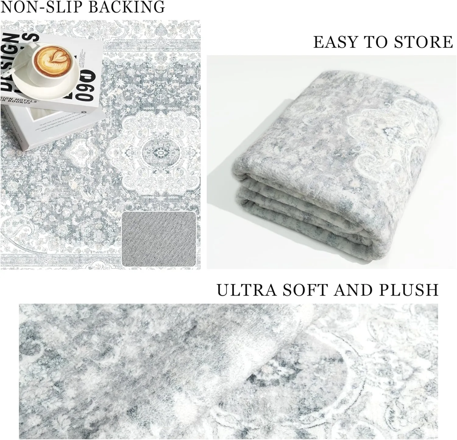 5x7 Area Rugs Washable,Grey Rug for Living Room Bedroom Kitchen,Large Boho Vintage Bohemian Distressed Carpet Non Slip,Floral