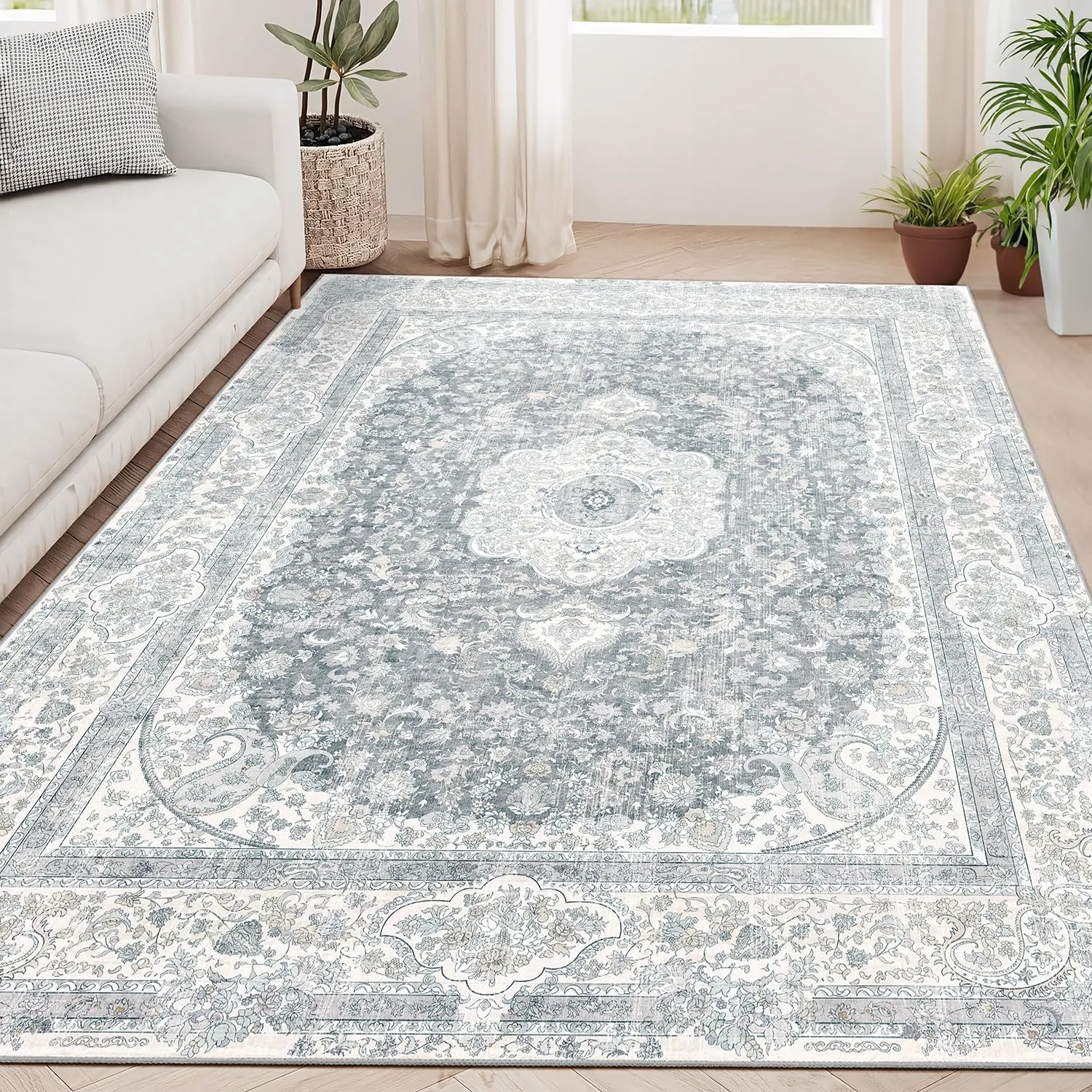 5x7 Area Rugs Washable,Grey Rug for Living Room Bedroom Kitchen,Large Boho Vintage Bohemian Distressed Carpet Non Slip,Floral