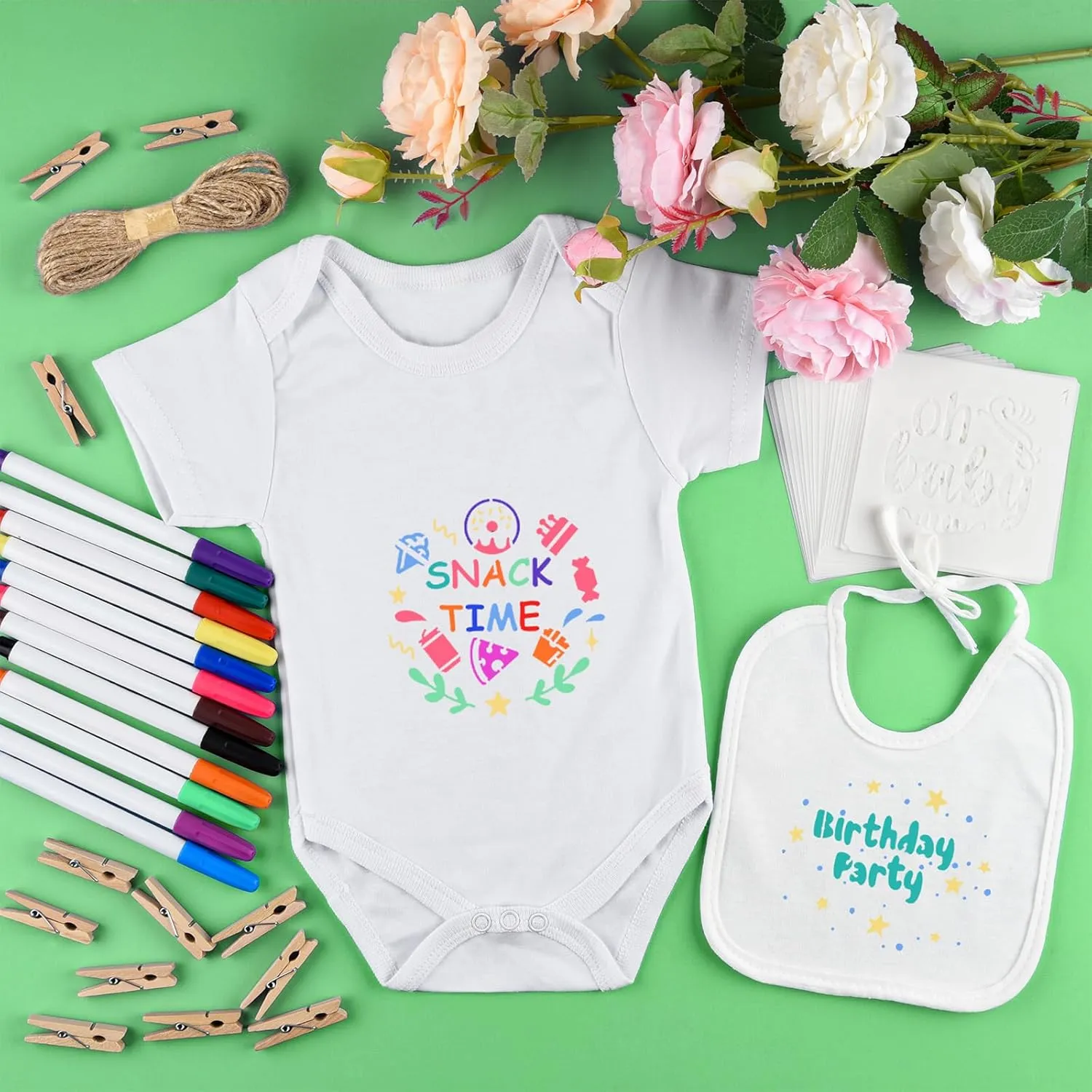 60/110/220 Pcs DIY Baby Bibs Bodysuit Set Baby Shower Game White Baby Bibs White Newborn Bodysuit for Baby Shower