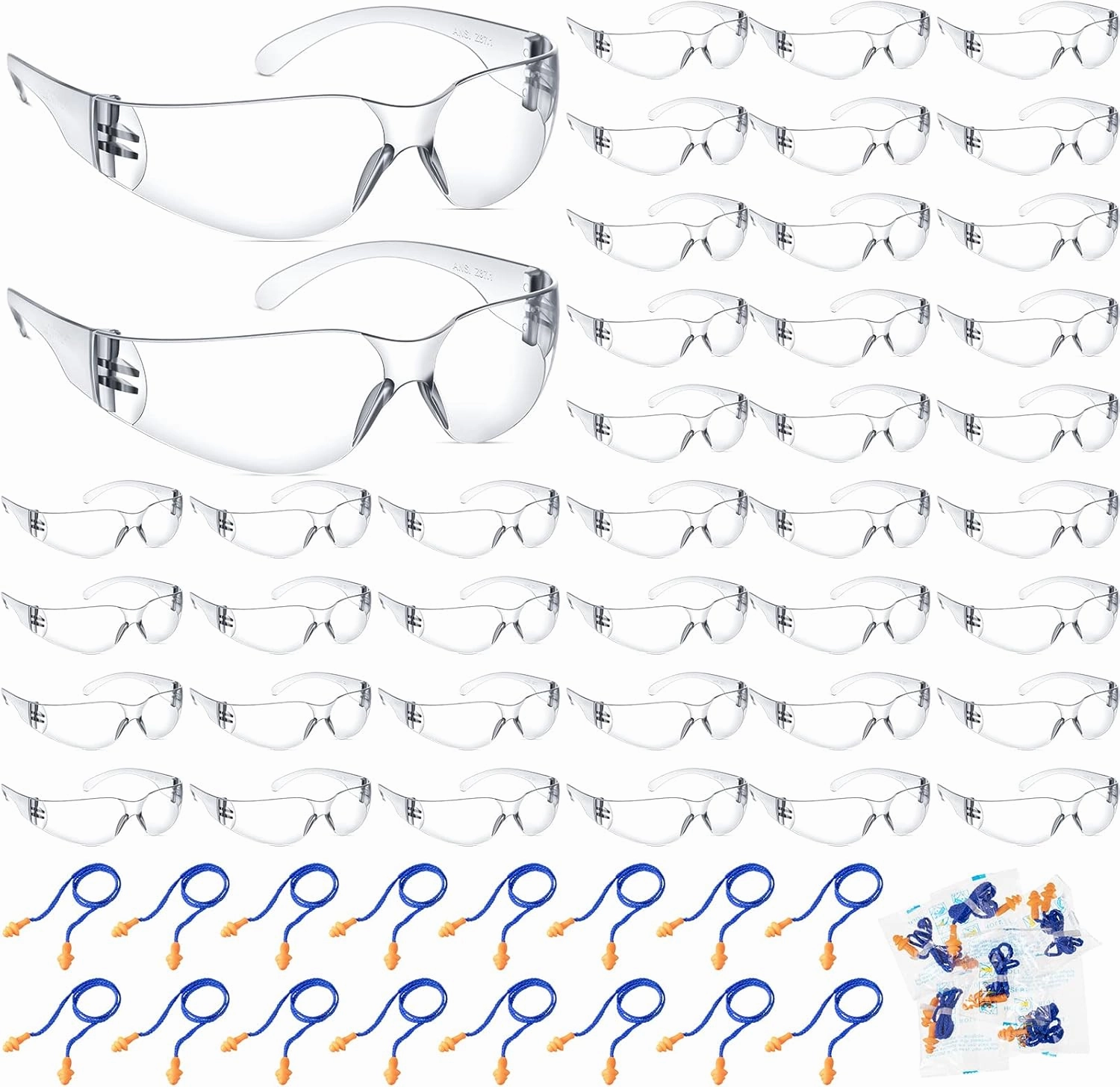 60 Pairs Protective Safety Glasses Goggles with 60 Pairs Reusable Earplugs, Clear Airsoft Goggle Anti Scratch UV Resistant Eyewear Goggles for Men and Women for Work, Lab, Construction, Sports