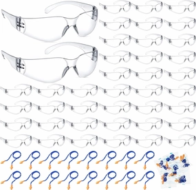 60 Pairs Protective Safety Glasses Goggles with 60 Pairs Reusable Earplugs, Clear Airsoft Goggle Anti Scratch UV Resistant Eyewear Goggles for Men and Women for Work, Lab, Construction, Sports