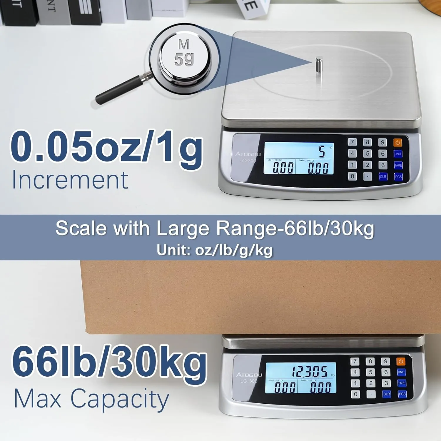 66lb/30kg Commercial Large Digital Kitchen Scale 0.05oz/1g with Price Computing, 304 Stainless Steel Scale, AA Battery or Plug-in Use and LCD Display for Baking, Cooking, Counting Coins LC300