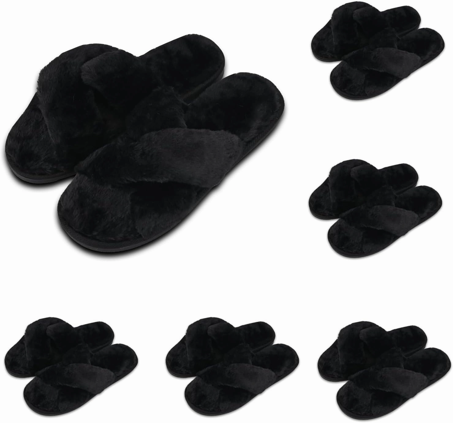 6 Pairs Bridesmaids Slippers Women's Cross Band Fuzzy Slippers Fluffy Comfy House Slippers for Indoor Outdoor Wedding Bridal Party
