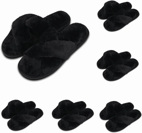 6 Pairs Bridesmaids Slippers Women's Cross Band Fuzzy Slippers Fluffy Comfy House Slippers for Indoor Outdoor Wedding Bridal Party