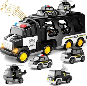 7 in 1 Police Truck Toys, Fire Rescue Truck, Ladder Truck, Helicopter and Sprinkler, Christmas Birthday Gifts for Boys & Girls