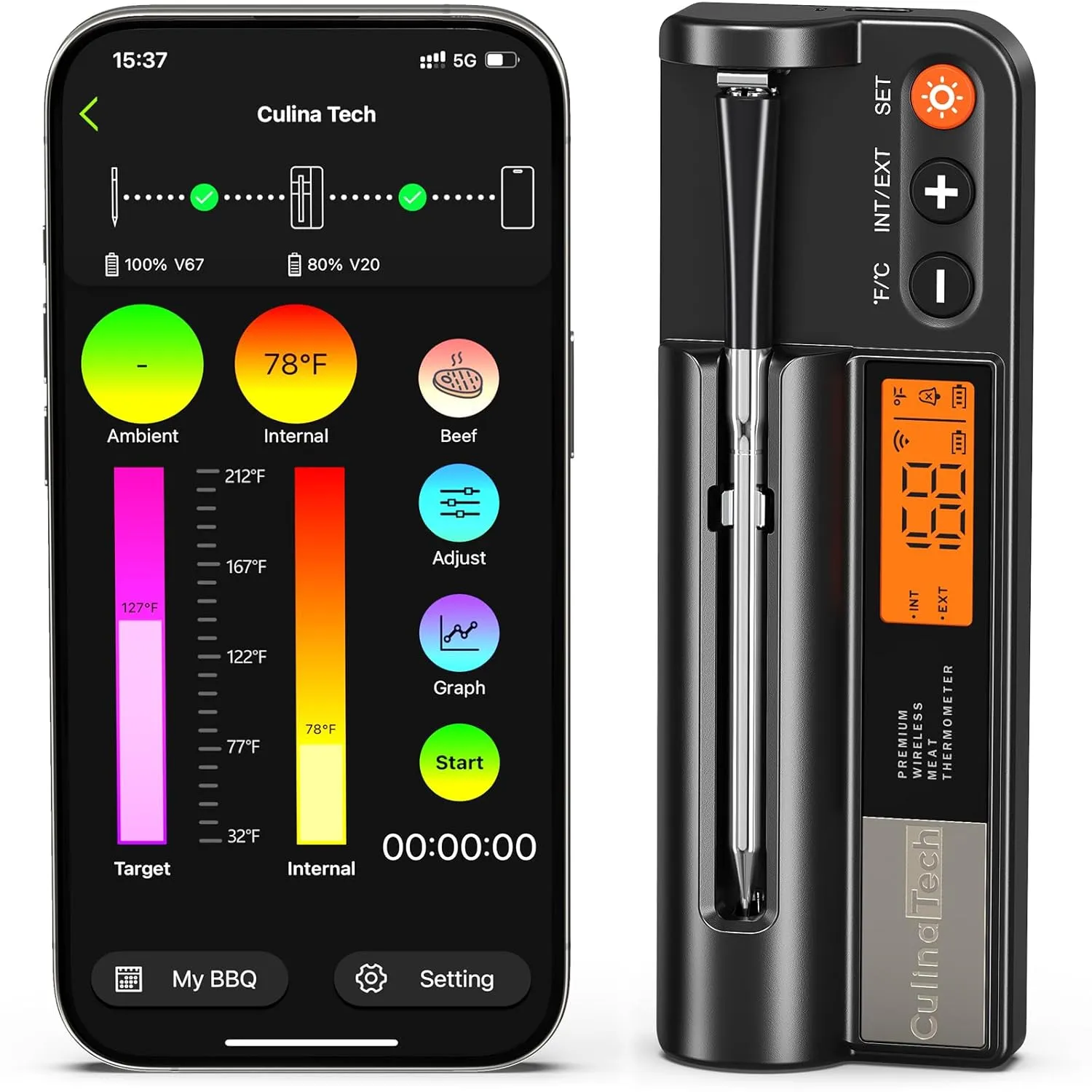 700FT Wireless Meat Thermometer with LCD Screen, Digital Cooking Food Thermometer for Beef Lamb Turkey, Dual Sensor Measures Internal & Ambient Temp