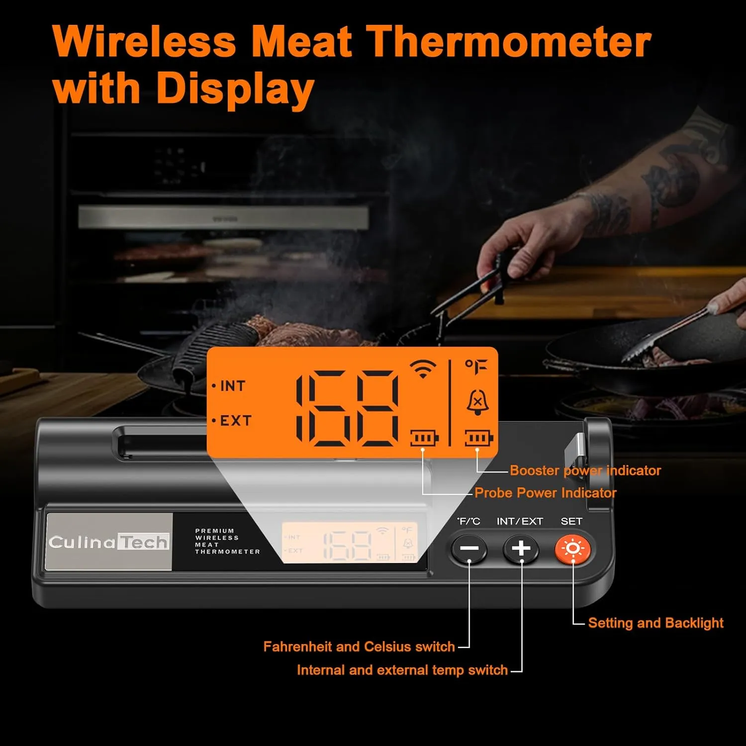 700FT Wireless Meat Thermometer with LCD Screen, Digital Cooking Food Thermometer for Beef Lamb Turkey, Dual Sensor Measures Internal & Ambient Temp