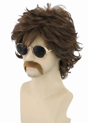 70s Mens Wigs Brown Short Wavy Shaggy Wig Cosplay Halloween Costume Wigs Wig Cap and Beard