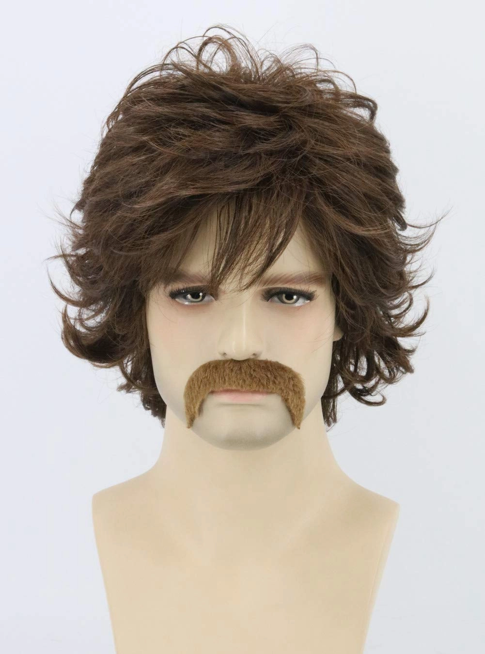 70s Mens Wigs Brown Short Wavy Shaggy Wig Cosplay Halloween Costume Wigs Wig Cap and Beard