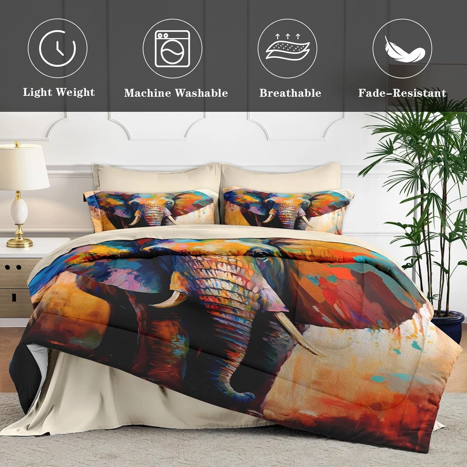 7 Pcs King Size Comforter Set with 2 Pillowcases & 2 Shams, Painting Animal Elephant Bedding for Kids and Adults, Natural Wildlife Bed in a Bag with Flat Fitted Sheet