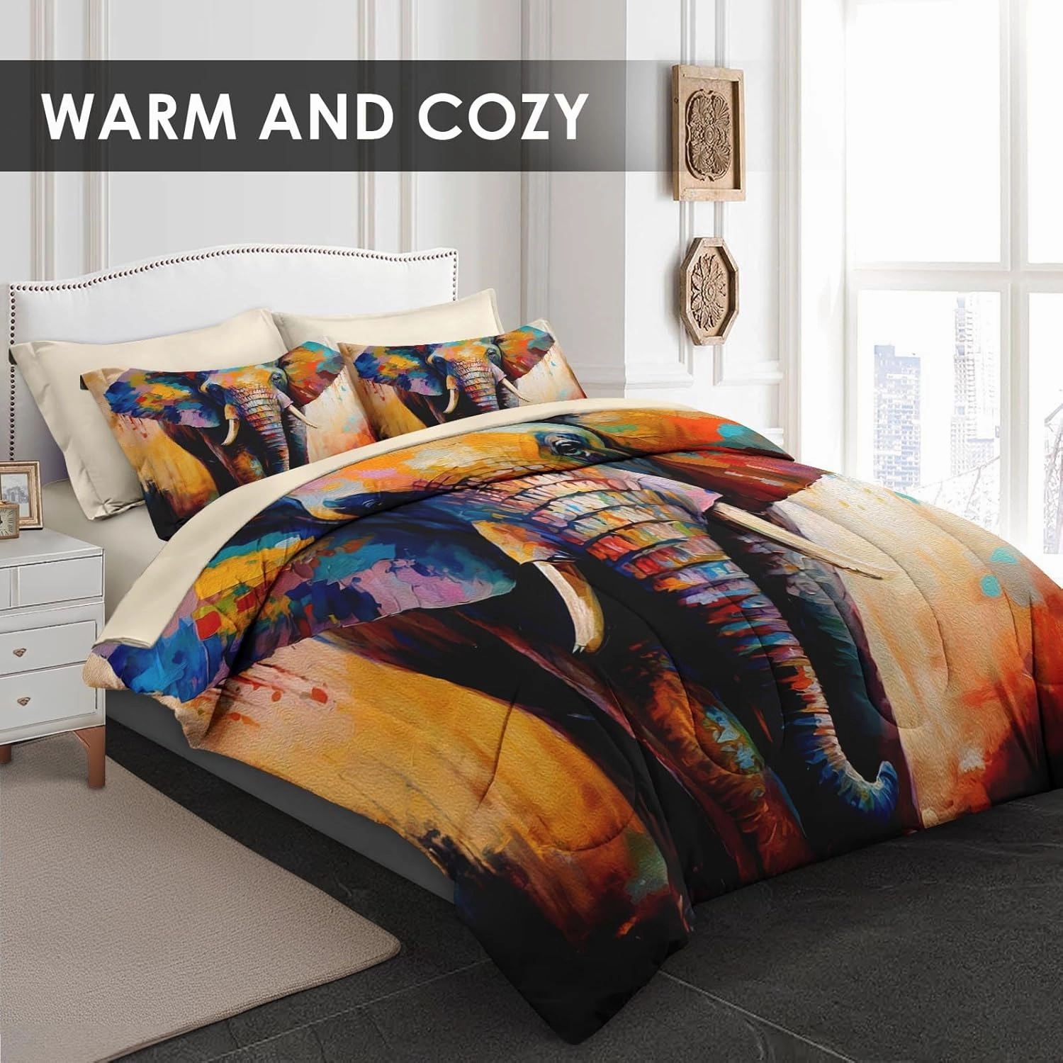 7 Pcs King Size Comforter Set with 2 Pillowcases & 2 Shams, Painting Animal Elephant Bedding for Kids and Adults, Natural Wildlife Bed in a Bag with Flat Fitted Sheet