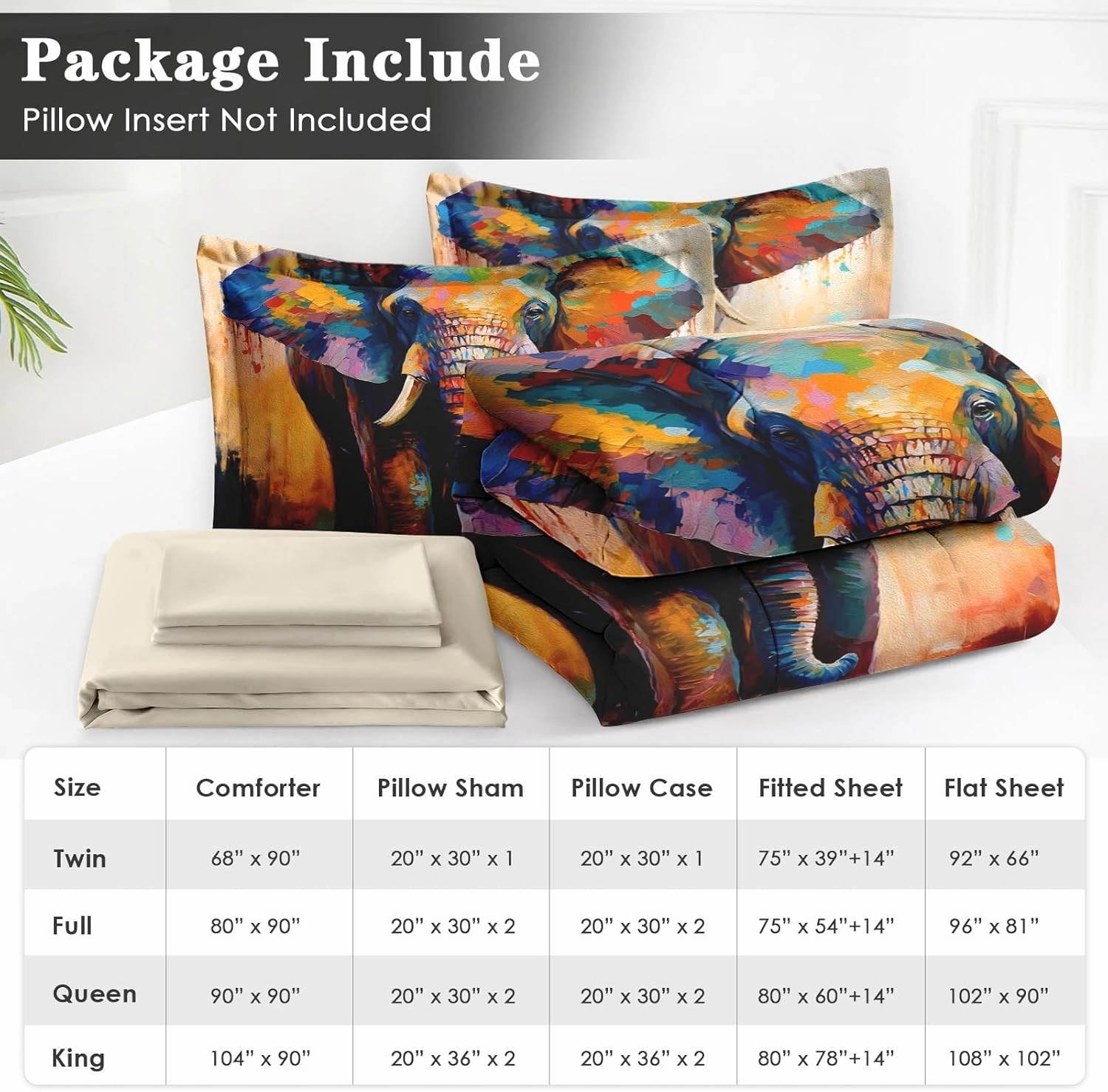7 Pcs King Size Comforter Set with 2 Pillowcases & 2 Shams, Painting Animal Elephant Bedding for Kids and Adults, Natural Wildlife Bed in a Bag with Flat Fitted Sheet