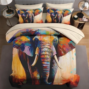 7 Pcs King Size Comforter Set with 2 Pillowcases & 2 Shams, Painting Animal Elephant Bedding for Kids and Adults, Natural Wildlife Bed in a Bag with Flat Fitted Sheet