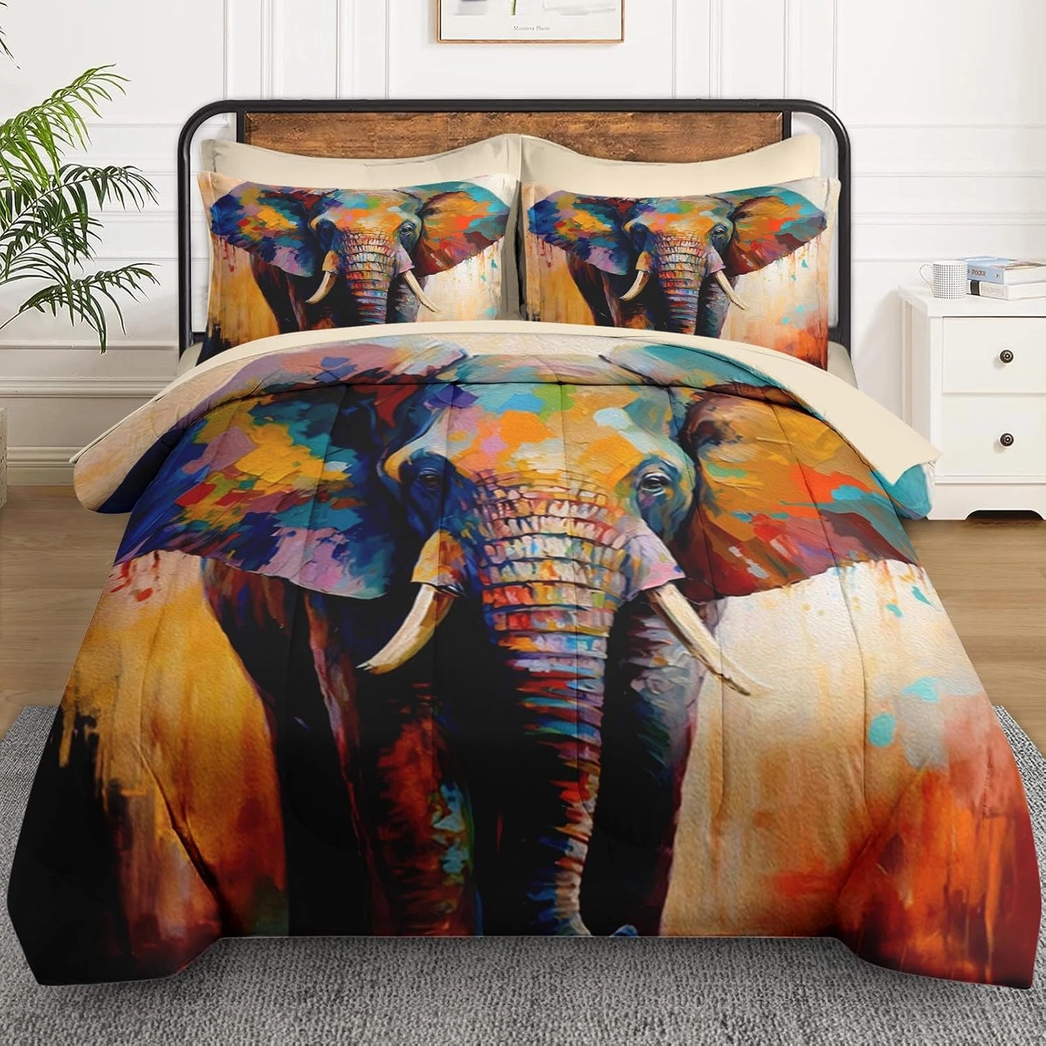 7 Pcs King Size Comforter Set with 2 Pillowcases & 2 Shams, Painting Animal Elephant Bedding for Kids and Adults, Natural Wildlife Bed in a Bag with Flat Fitted Sheet