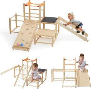 8-in-1 Children's Wooden Climbing Set with Slide, Drill Hole, Climbing Net, Throwing Basket and Drawing Board, Children's Indoor Play Climbing Toys, Sports Training Equipment