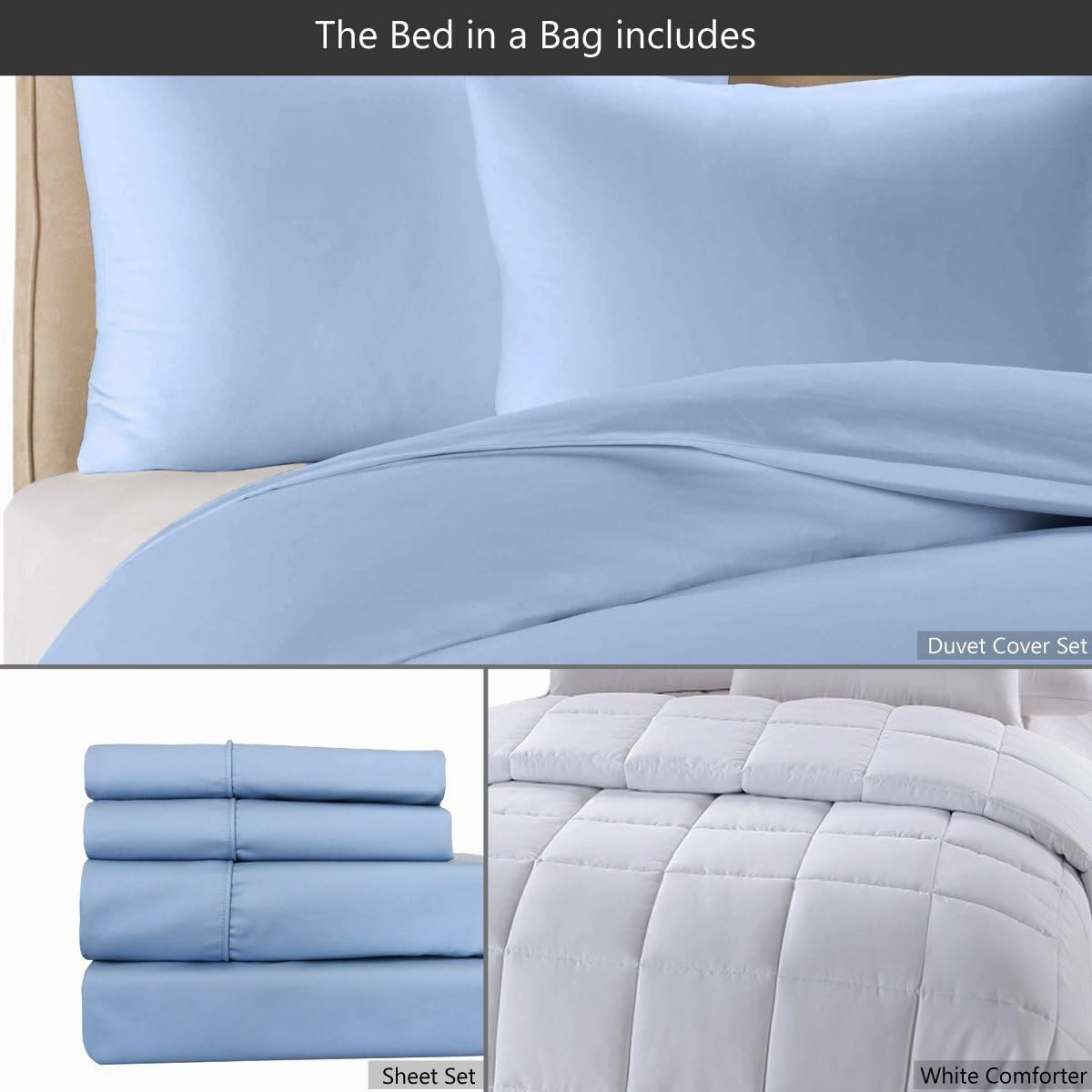 8 Piece Bed in a Bag Full Size Set Includes: Cotton Blend, 650TC Solid Blue (Sheet Set   Duvet Cover Set)   All Season White Down Alternative Comforter