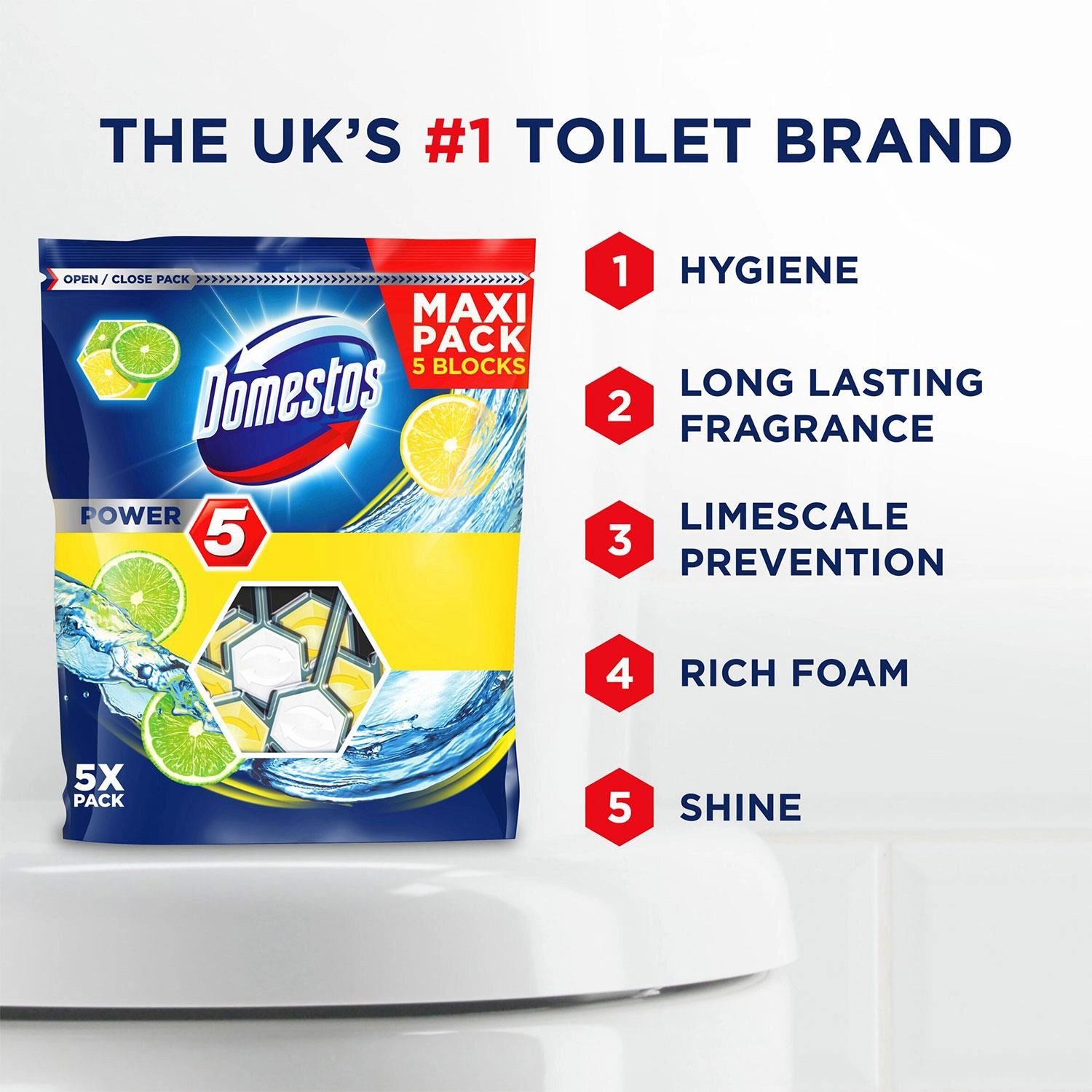 8x Domestos Power 5 Lime Toilet Rim Blocks for LongLasting Protection 55g, Pkof5