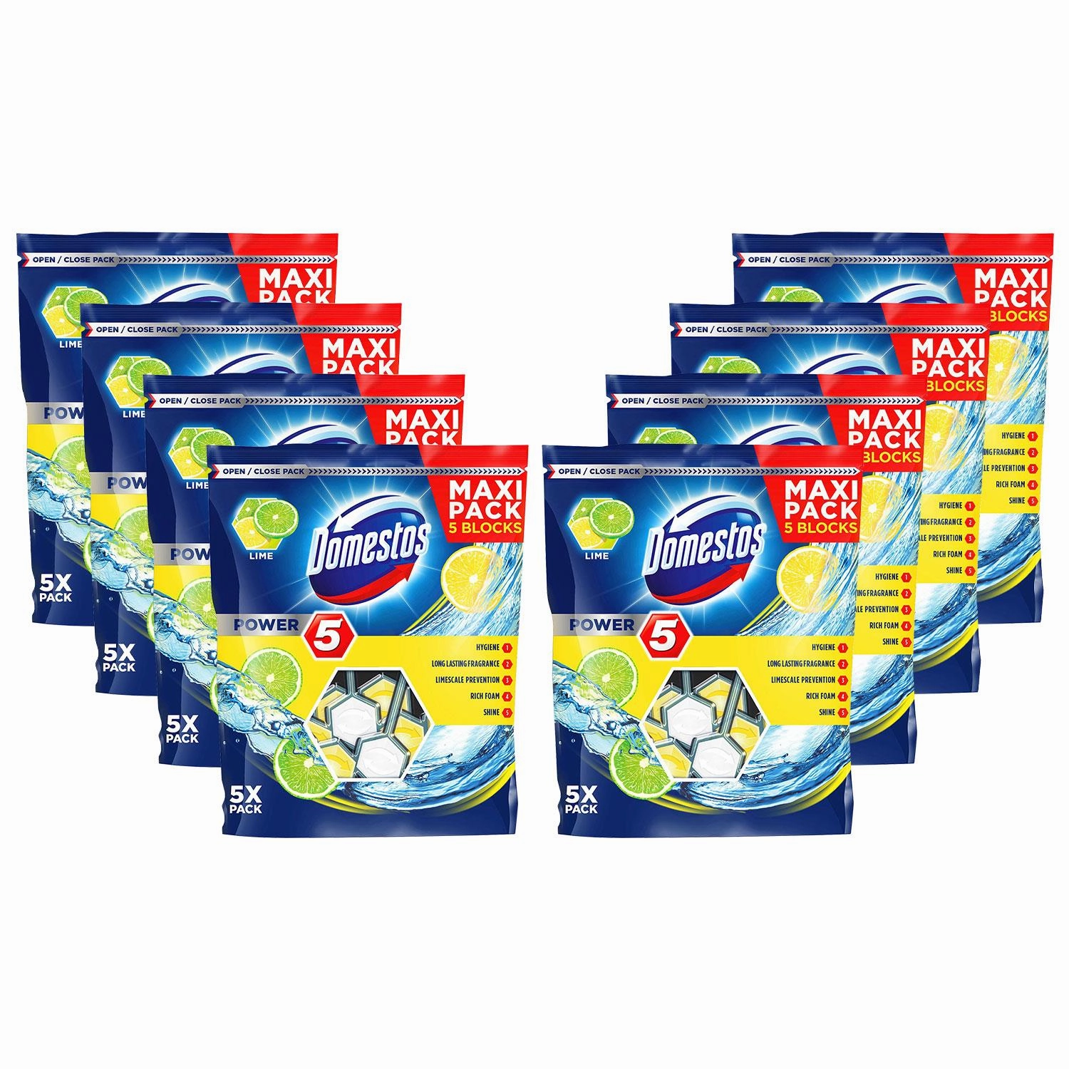 8x Domestos Power 5 Lime Toilet Rim Blocks for LongLasting Protection 55g, Pkof5