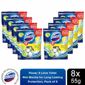 8x Domestos Power 5 Lime Toilet Rim Blocks for LongLasting Protection 55g, Pkof5