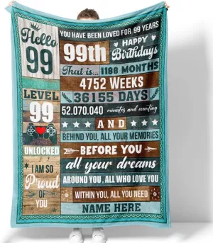 99th Birthday Blanket Gifts for Men Women Friends Personalized Throw Blankets Vintage 1924 Turning 99 Years Bday Decorations for Bed Couch Sofa Level 99 Unlocked Sofa Cozy Fleece Sherpa Blanket