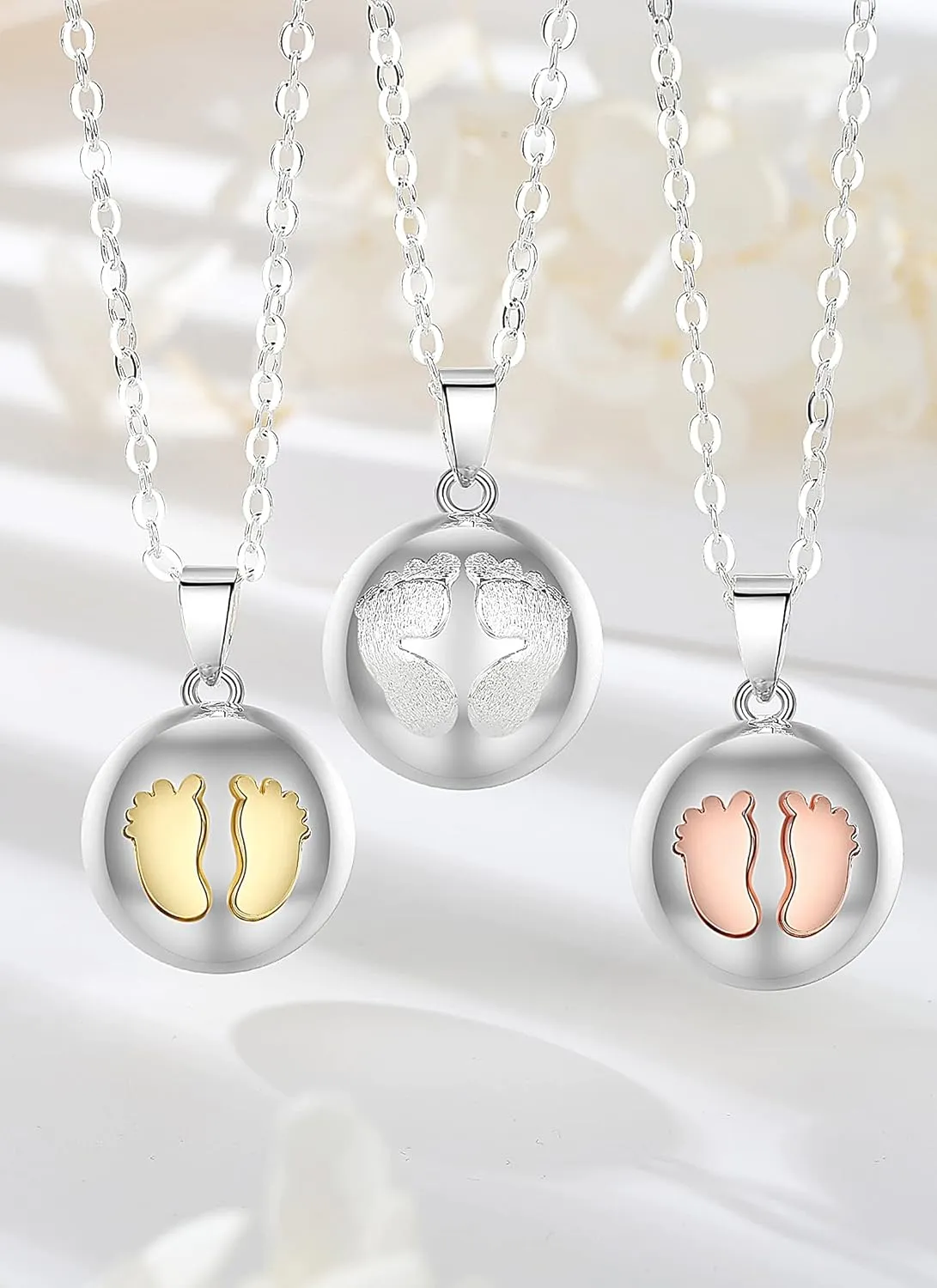 AEONSLOVE Harmony Ball Necklace Baby Feet Angel Chime Caller Necklace Balls for Women Bola Necklace Rattle Pendant Necklace Soothing Musical Necklace for Expecting Mothers Silver - 30 & 45 Inch Chain