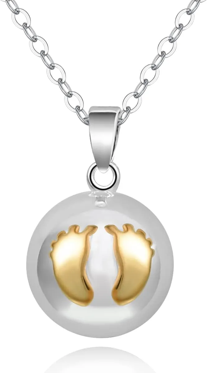 AEONSLOVE Harmony Ball Necklace Baby Feet Angel Chime Caller Necklace Balls for Women Bola Necklace Rattle Pendant Necklace Soothing Musical Necklace for Expecting Mothers Silver - 30 & 45 Inch Chain