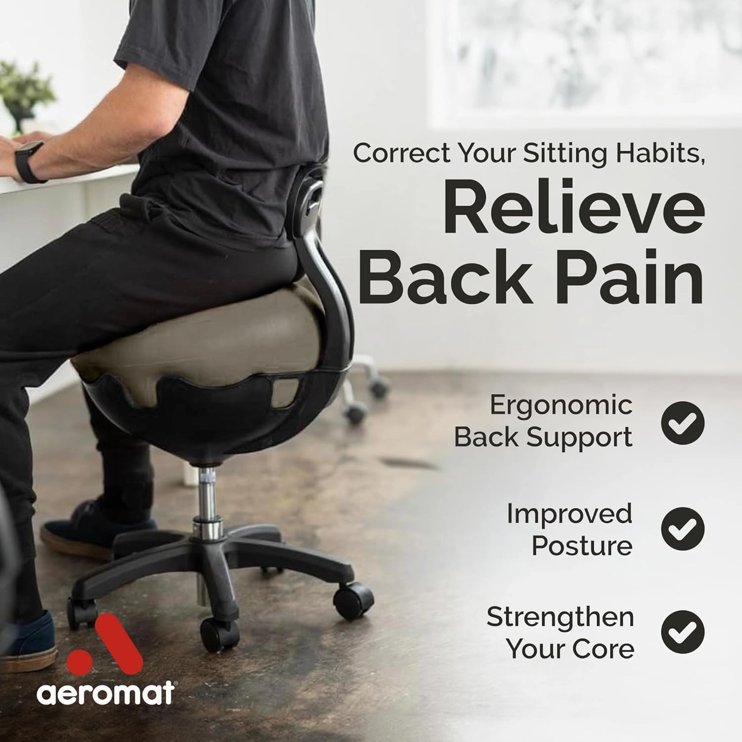 Aeromat Height Adjustable Yoga Ball Chair - Spine Alignment Office Chair with Back Support