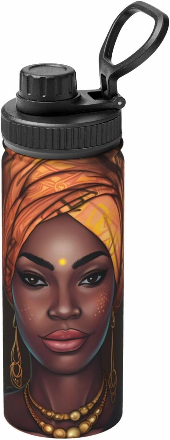 African Women 18 oz Stainless Steel Water Bottles Insulated Sports Water Bottle with Spout Lid, Double Wall Travel Water Flask for Running Hiking Fishing