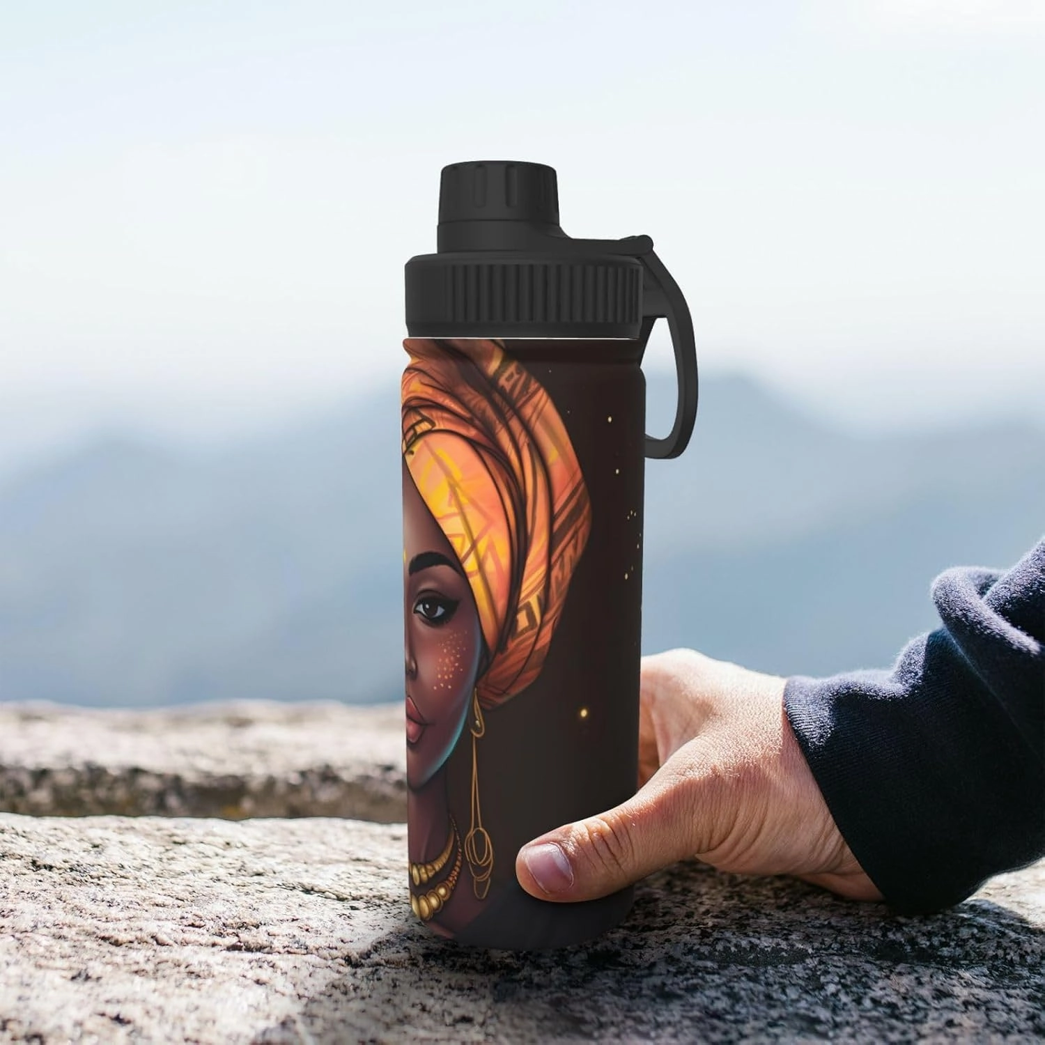 African Women 18 oz Stainless Steel Water Bottles Insulated Sports Water Bottle with Spout Lid, Double Wall Travel Water Flask for Running Hiking Fishing