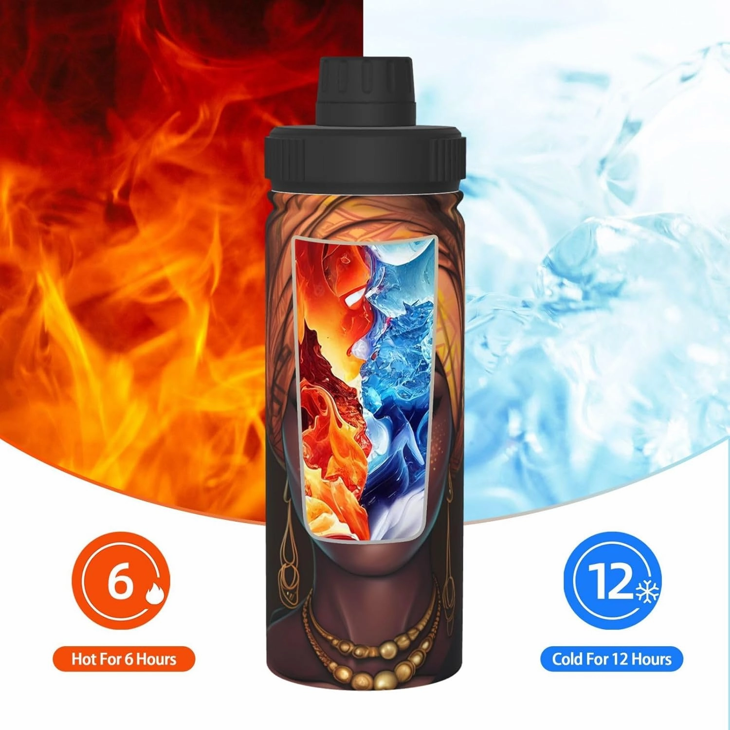 African Women 18 oz Stainless Steel Water Bottles Insulated Sports Water Bottle with Spout Lid, Double Wall Travel Water Flask for Running Hiking Fishing